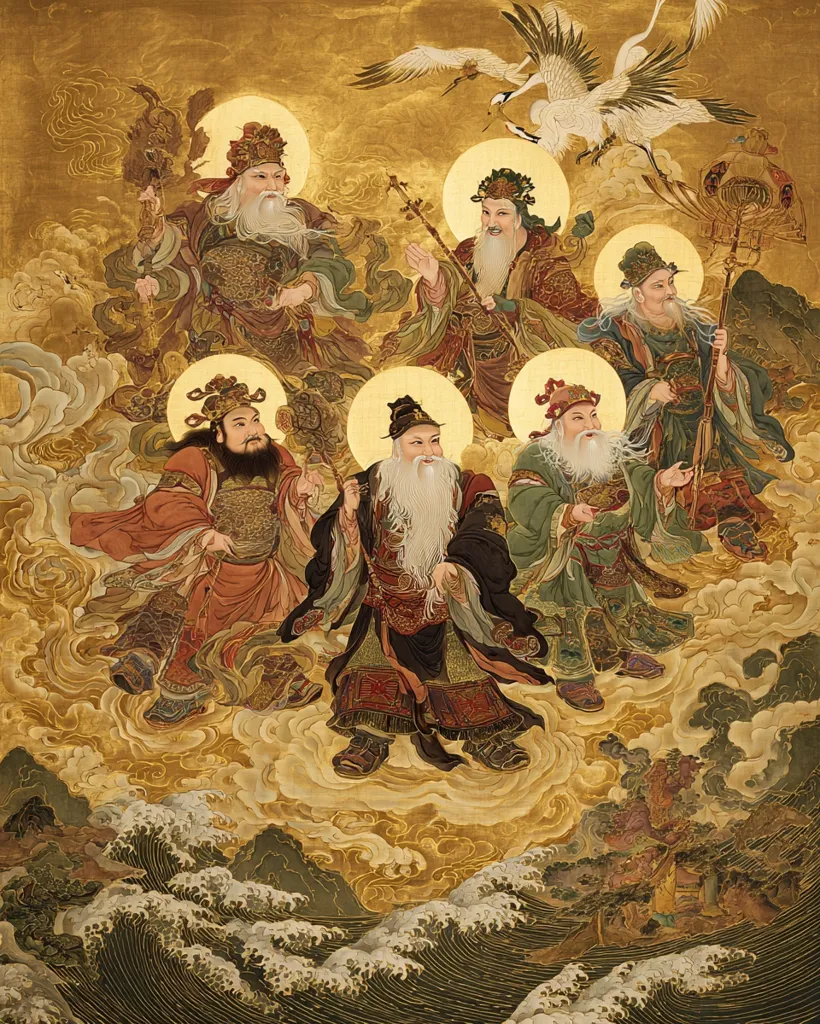 A vibrant painting depicts the Seven Gods of Fortune, celestial beings in flowing robes and ornate headdresses, amidst swirling clouds.  They hold symbolic objects, suggesting their respective domains of wealth and prosperity. A majestic crane flies overhead, adding to the mystical atmosphere. The artwork is rich in gold leaf and detailed brushwork, showcasing traditional Chinese artistry.  The painting's bottom features stylized waves, further enhancing its ethereal beauty.