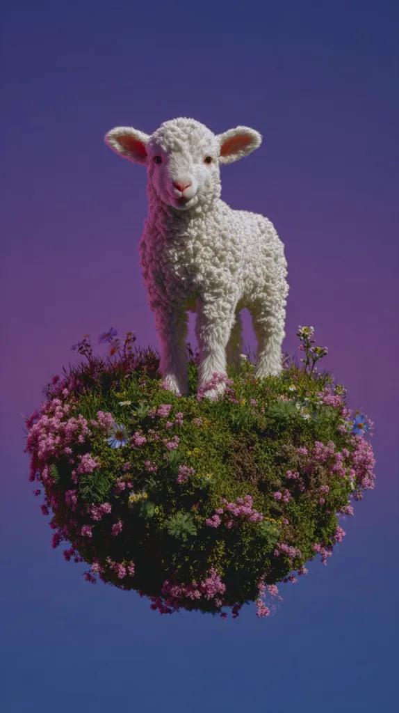 A fluffy white lamb stands on a vibrant, floating island of green grass and pink flowers against a purple sky. The lamb is small and appears soft, gazing directly at the viewer.  The island is lush and compact, creating a whimsical, surreal scene. The overall tone is peaceful and slightly dreamlike.