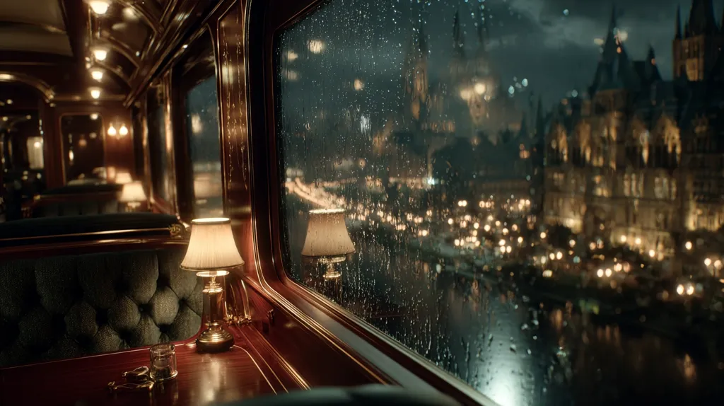 A rain-streaked window on a luxurious train reveals a nighttime cityscape.  Warm lamplight illuminates a richly appointed interior with dark wood paneling and plush seating.  Across the water, a grand, illuminated building stands, its architecture partially obscured by the downpour.  The scene evokes a sense of elegant travel and romantic mystery.