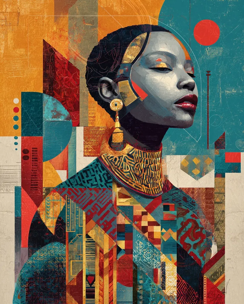 A vibrant, abstract portrait of a Black woman is depicted in a collage style.  Geometric shapes and patterns in rich oranges, reds, blues, and golds create a textured background that surrounds the woman's face and upper body.  The artwork incorporates elements of African design and modern art, showcasing bold colors and intricate details.  The woman's serene expression adds a sense of calm to the otherwise dynamic composition.