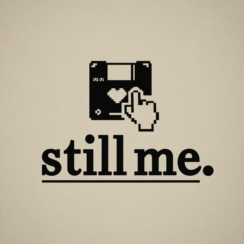 A minimalist design features a pixelated floppy disk with a heart, a pixelated cursor hovering over it, and the words "still me" underneath.  The imagery evokes a nostalgic feeling of early computer technology and simple romance, suggesting enduring affection despite technological advancement. The overall aesthetic is retro and slightly sentimental.