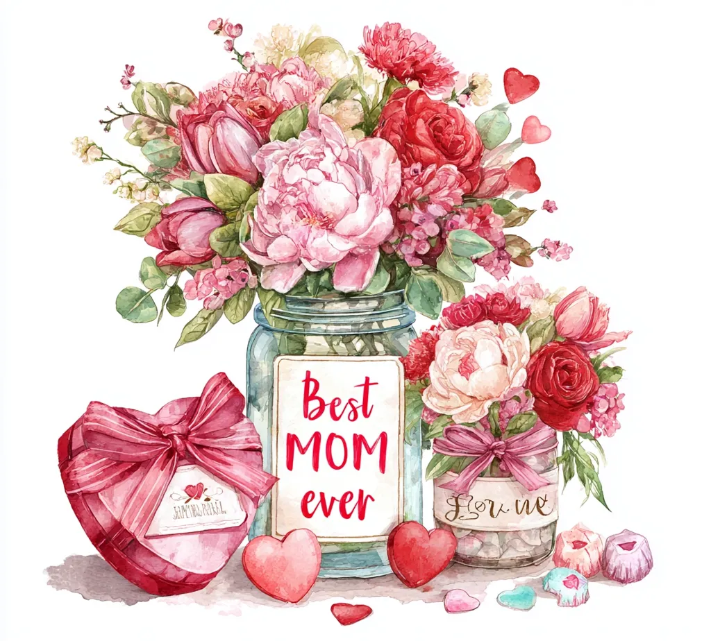 A watercolor illustration celebrating Mother's Day.  A large mason jar overflows with pink and red peonies, tulips, and carnations. A smaller jar, adorned with a ribbon, sits beside it, along with a heart-shaped gift box tied with a pink bow.  "Best Mom Ever" is written on a tag in the larger jar.  Scattered heart-shaped candies complete the festive arrangement.