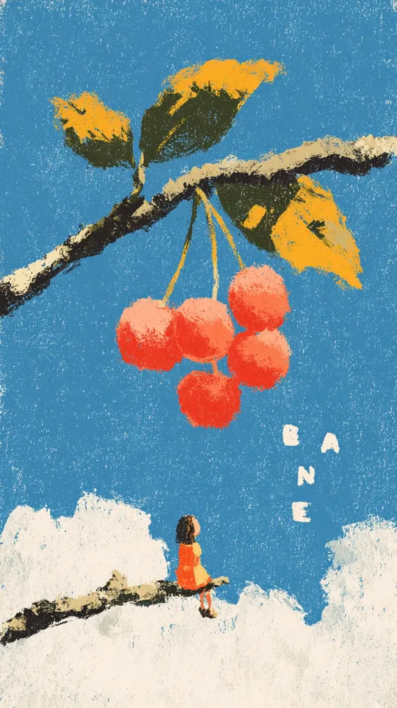 A stylized illustration depicts a girl sitting on a branch extending into a bright blue sky dotted with clouds.  A cluster of red cherries hangs from the branch above her. The style is reminiscent of children's book illustration, using textured brushstrokes and a slightly naive perspective. The word "BANE" is subtly placed in the sky. The overall mood is serene and whimsical.