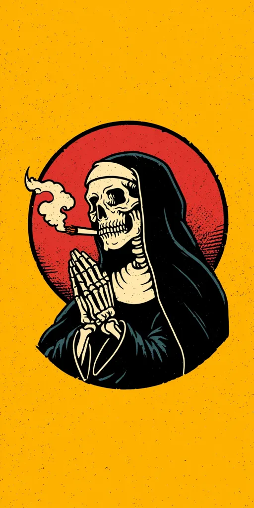 The illustration depicts a skeletal nun, clad in a dark habit, against a vibrant yellow backdrop.  She holds her hands in prayer while simultaneously smoking a cigarette, creating a striking contrast between religious piety and rebellious behavior. The nun's skull-like face is detailed, and the image is styled with a vintage, almost tattoo-like aesthetic, using bold lines and a textured background.  The red circle behind the figure adds to the overall dramatic effect.
