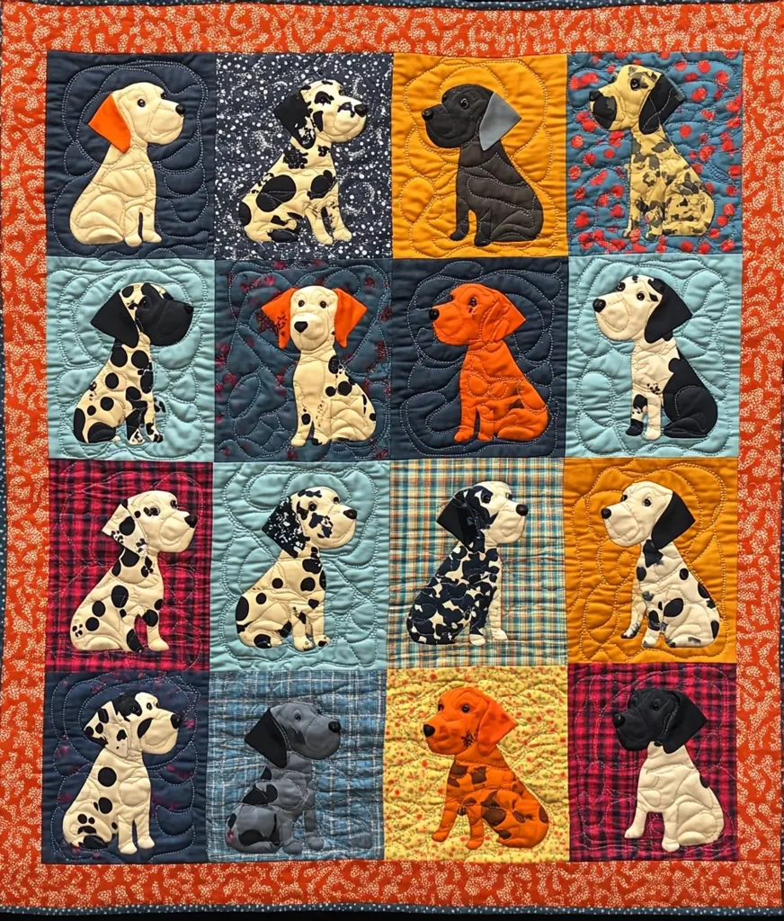 A charming quilt showcases a playful array of twelve dogs, each meticulously crafted in appliqué.  The dogs, in various breeds and colors, are arranged in a four-by-three grid on diverse patterned fabric squares, creating a cheerful and vibrant design.  The quilt is bordered with an orange and dark fabric, adding a warm and inviting touch.  The quilting style enhances the whimsical nature of the canine companions.