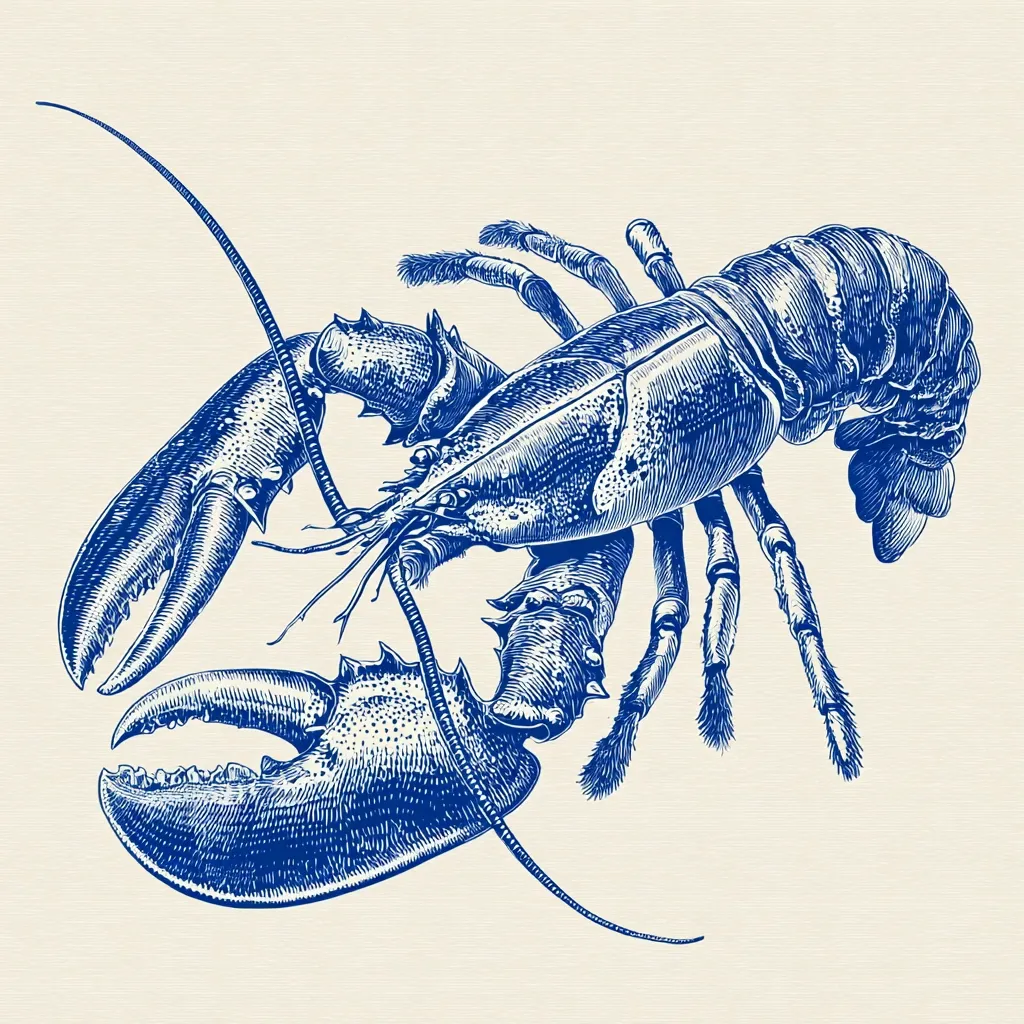 A detailed blue ink drawing of a lobster dominates the image.  The illustration showcases the crustacean's intricate details—powerful claws, segmented body, and delicate antennae—in a style reminiscent of vintage nautical prints. The lobster is depicted in a dynamic pose, its claws extended, suggesting movement and vigor. The background is a muted cream color, allowing the blue lobster to stand out prominently.