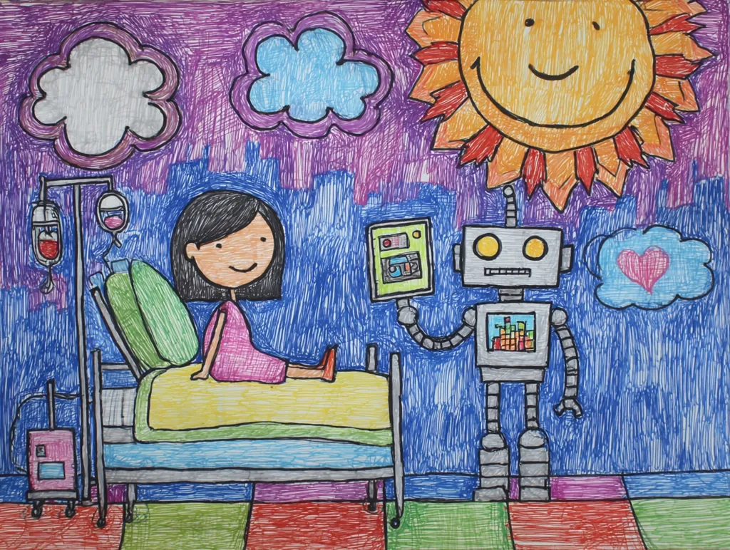 A child's drawing depicts a girl in a hospital bed, receiving an IV drip. A friendly robot stands beside her, holding a device, offering comfort. A cheerful sun and heart-shaped cloud add a positive atmosphere. The vibrant colors and simple lines reflect a childlike perspective, suggesting hope and healing.  The scene is set against a purple background with textured clouds.