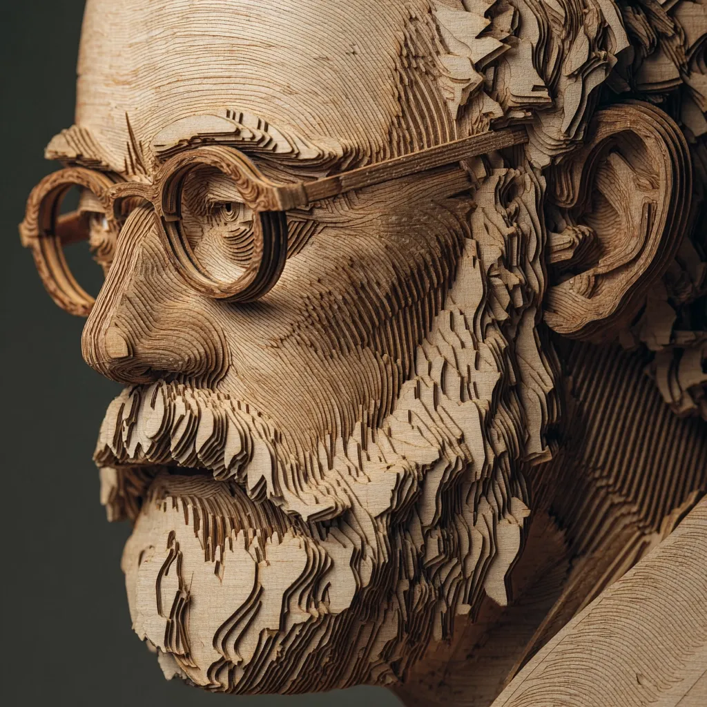 A meticulously crafted wooden sculpture depicts a man's head and shoulders.  The intricate layering of the wood creates a striking three-dimensional effect, showcasing detailed features like his glasses, beard, and the texture of his skin.  The piece is a testament to the artist's skill in capturing likeness and texture through a unique layered wood carving technique. The warm tones of the wood and the depth of the carving create a captivating piece of art.