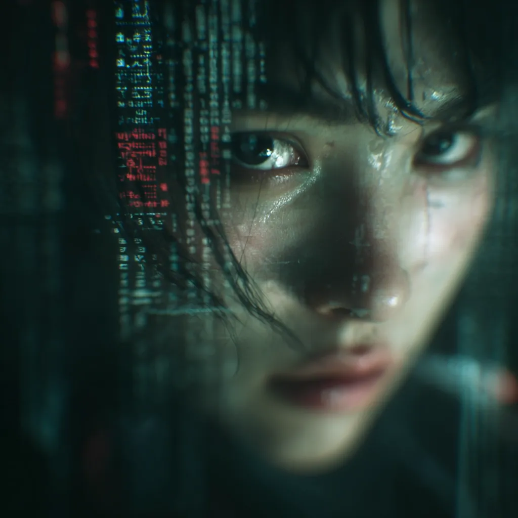 A close-up shot reveals a young woman's face, partially obscured by dark, wet hair and a translucent screen displaying cascading lines of code. Her expression is serious, almost melancholic, with intense eyes that seem to pierce through the digital overlay.  The overall mood is dark and mysterious, suggestive of a cyberpunk or futuristic setting.  The image is artistically stylized with a focus on mood and atmosphere.