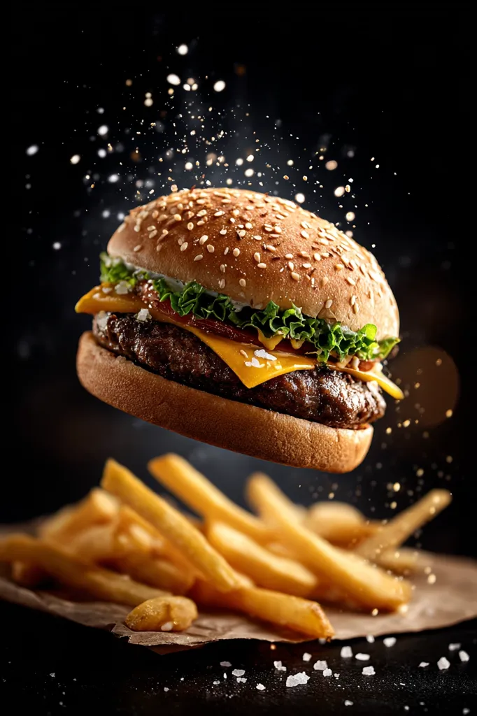 A juicy cheeseburger with sesame seed bun, lettuce, and melted cheese is suspended in mid-air above a pile of golden french fries.  Salt sprinkles around the burger and fries, creating a dynamic, appetizing image against a dark background. The scene suggests a fast-food feast, highlighting the textures and flavors of classic comfort food.