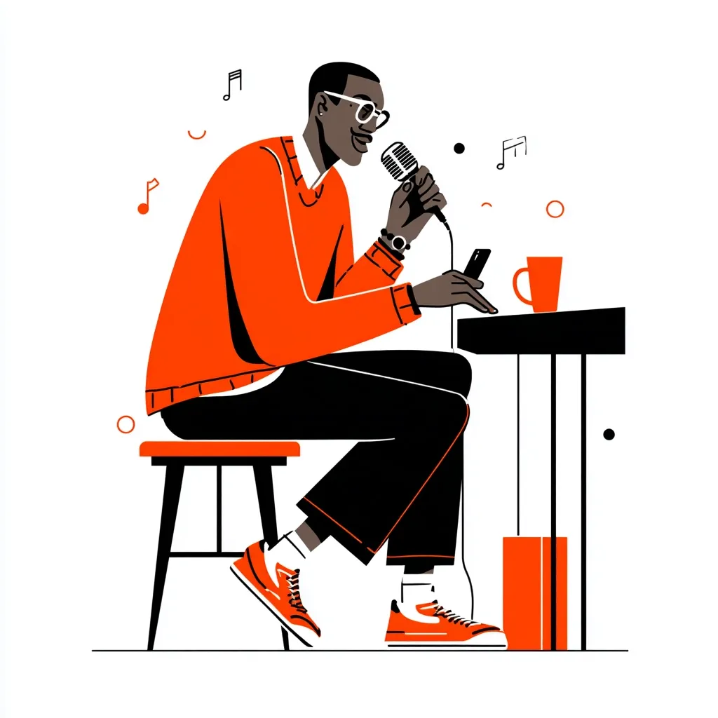 A man in an orange sweater sits on a stool, singing into a microphone. He holds a smartphone in his other hand, and a cup sits on a small table beside him. Musical notes float around him, suggesting a musical atmosphere.  He wears glasses and orange sneakers, and the overall style is minimalist and bold.