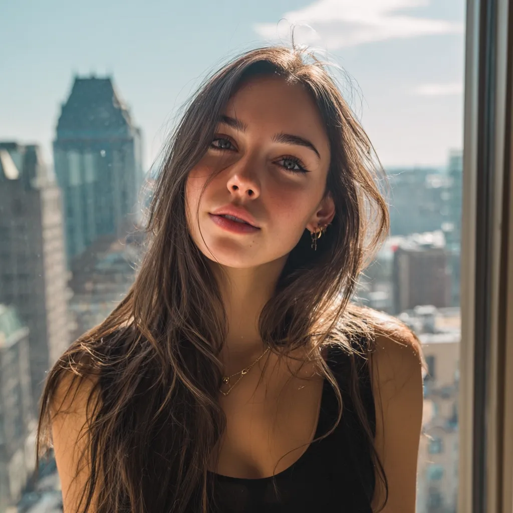 A young woman with long brown hair looks directly at the camera. She wears a simple black tank top and gold jewelry.  The background is a blurry cityscape viewed through a window, suggesting an urban setting.  The sunlight illuminates her face, highlighting her features. Her expression is confident and slightly alluring.