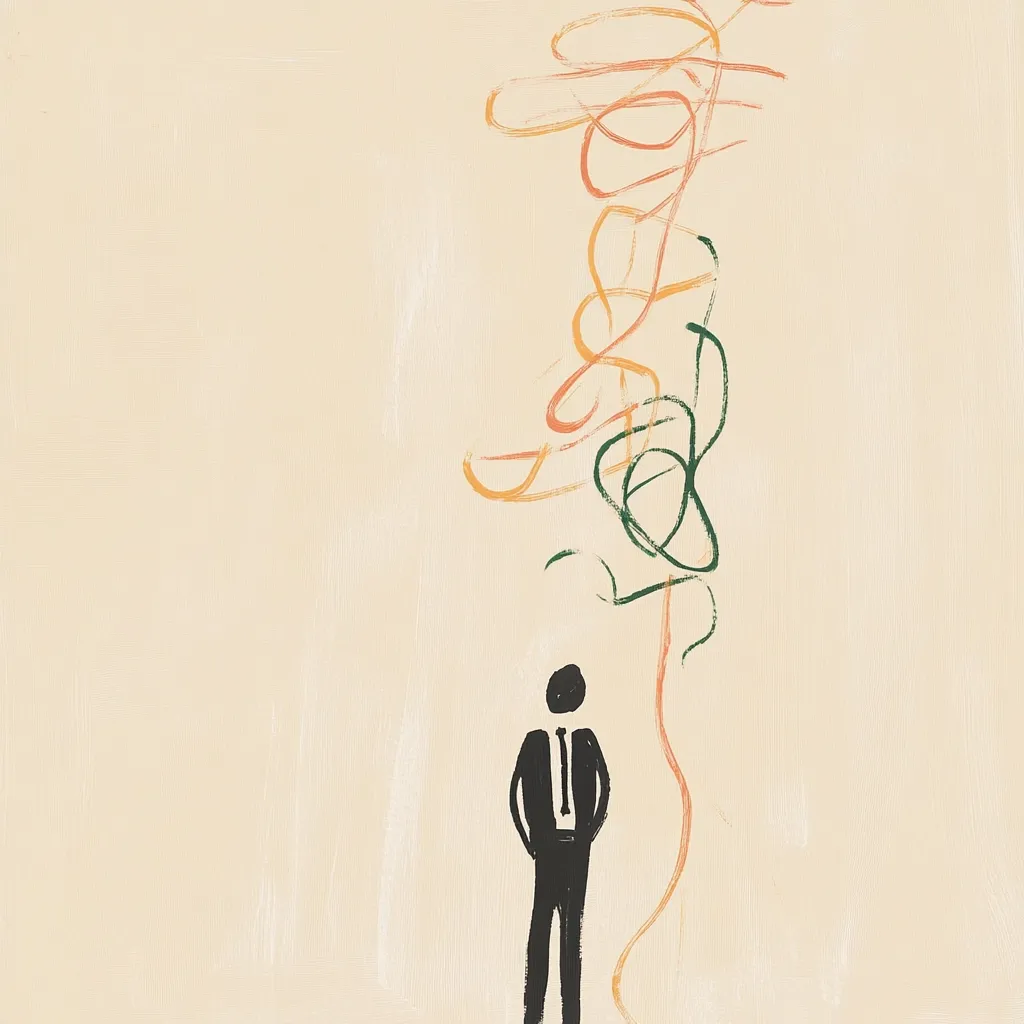 An abstract painting features a minimalist figure in a suit standing to the left of a central, swirling, colorful form.  The background is a muted beige, providing contrast to the darker figure and the vibrant, expressive lines of the central element. The overall style suggests contemplation or introspection.