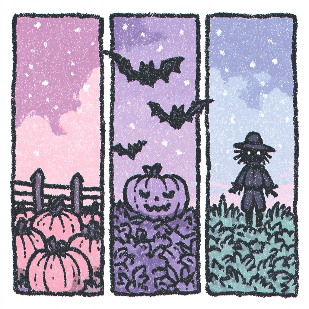 A whimsical Halloween-themed triptych.  The left panel depicts a pastel pink sunset over a pumpkin patch. The center shows a carved pumpkin amidst purple leaves under a twilight sky with bats. The right panel features a scarecrow in a field at dusk.  The artwork uses a textured, crayon-like style with soft, muted colors.
