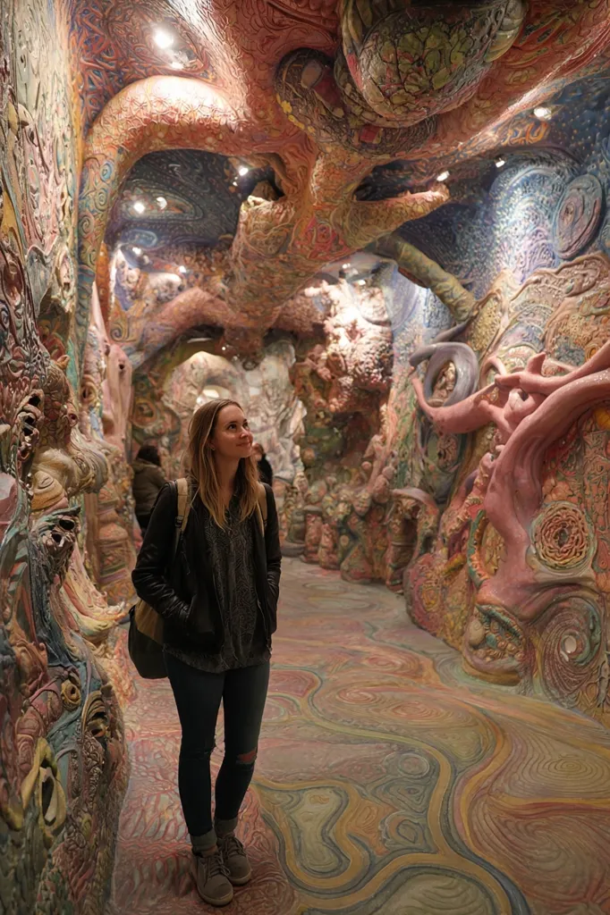 A young woman stands admiring the vibrant, organic sculptures lining a hallway. The walls and floor are intricately designed with swirling patterns and textured surfaces in a palette of warm earth tones and bright accents.  The overall effect is surreal and dreamlike, resembling a fantastical cave or underground passage. The scene is well-lit, highlighting the artistry of the space.