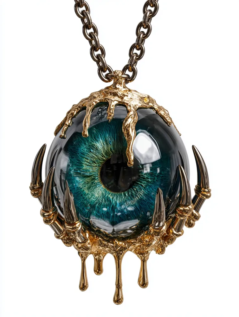 A striking pendant necklace features a large, teal eye encased in a gold, claw-like hand.  The gold appears molten, dripping down the hand. The eye is highly detailed and realistic, contrasting with the stylized, almost monstrous design of the setting.  The necklace hangs from a heavy, dark metal chain. The overall aesthetic is dark, opulent, and slightly unsettling.