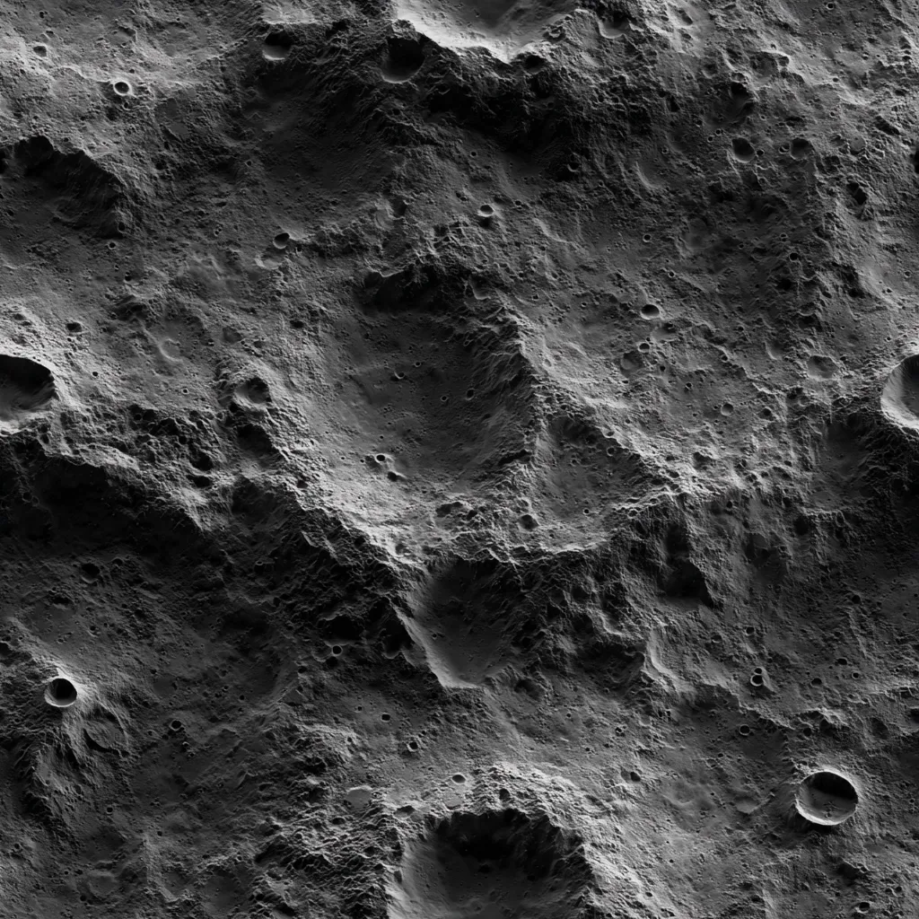 A grayscale image depicts a rugged, cratered lunar surface.  The texture is rough and uneven, with numerous impact craters of varying sizes scattered across the landscape.  The monochrome palette emphasizes the starkness and desolate nature of the extraterrestrial terrain.  The craters show varying degrees of depth and wear, suggesting a long history of impacts. The overall impression is one of a harsh, barren environment.