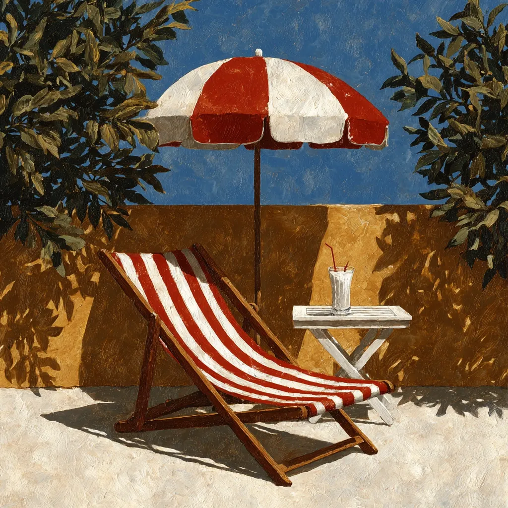 A red and white striped deck chair reclines under a matching striped beach umbrella.  A small white table holds a milkshake, adding to the idyllic summer scene.  Lush green foliage frames the tranquil patio setting against a sunny yellow wall and a clear blue sky. The painting's impasto style gives texture to the scene.