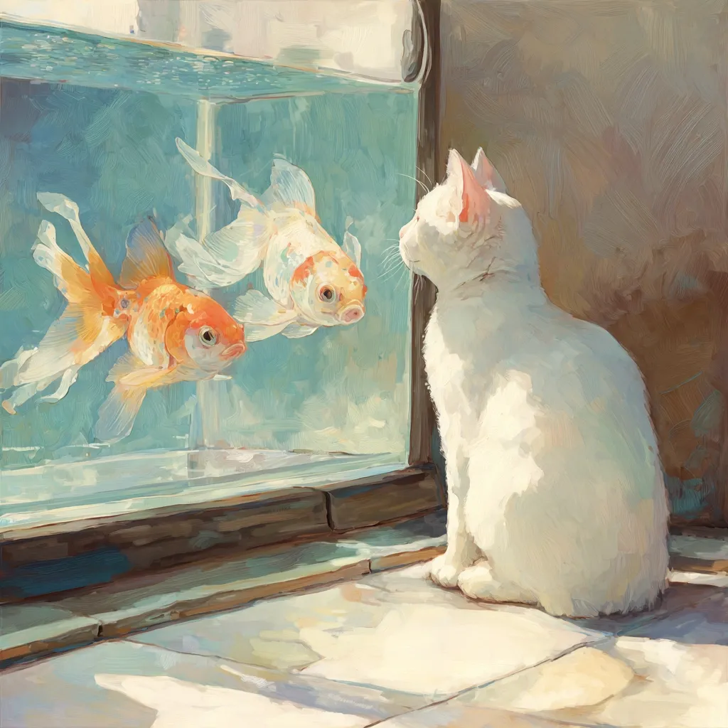 A painting depicts a white cat sitting next to a rectangular fish tank.  Two vibrant orange and white goldfish swim within the tank, their movements subtly captured. Sunlight illuminates the scene, casting a warm glow on the cat and the glass of the aquarium. The overall style is impressionistic, with soft brushstrokes creating a peaceful and serene atmosphere. The cat appears intently observing the fish.