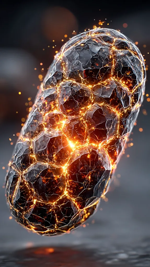 A 3D rendering depicts a dark, cracked, capsule-like object.  Intense orange and yellow light emanates from within the fissures, creating a fiery, almost volcanic effect.  The surface texture is rough and fragmented, resembling a molten, solidifying substance.  Sparkles surround the object, enhancing its glowing, energetic appearance.  The background is a blurred, dark grey.