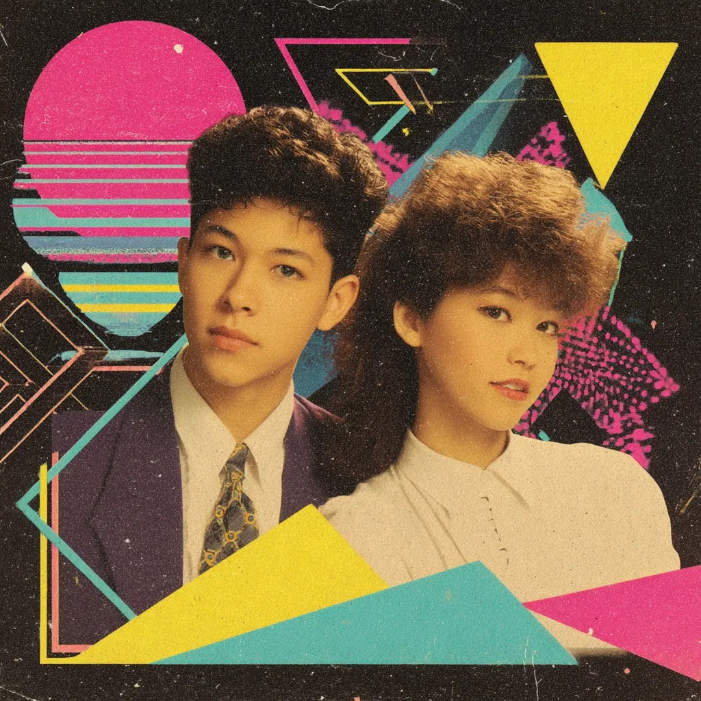 A stylized 1980s-inspired portrait of a young man and woman.  The man, with a neatly combed hairstyle, wears a suit and tie. The woman, sporting a voluminous, layered hairstyle, is in a collared shirt.  The image features bold geometric shapes and vibrant colors in a retro, synthwave aesthetic reminiscent of album art from that era.  A textured, faded background adds to the vintage feel.