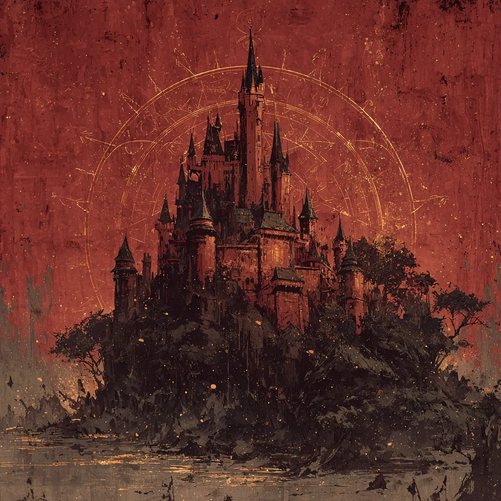 A dark, gothic castle sits atop a hill shrouded in shadowy trees, overlooking a still body of water.  The castle, detailed with numerous towers and spires, is bathed in a reddish light, enhancing its ominous atmosphere. A large, golden astrological circle graces the background, adding a mystical element to the scene. The overall style is painterly and evocative, suggesting a world of fantasy or dark magic.