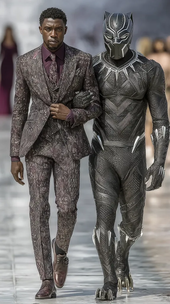 Chadwick Boseman, dressed in a dark patterned suit and burgundy tie, walks alongside the Black Panther.  The actor, known for his portrayal of the superhero, shares a moment with his iconic character in what appears to be a fashion show or similar event. The contrast between the tailored suit and the technologically advanced suit of the Black Panther is striking.
