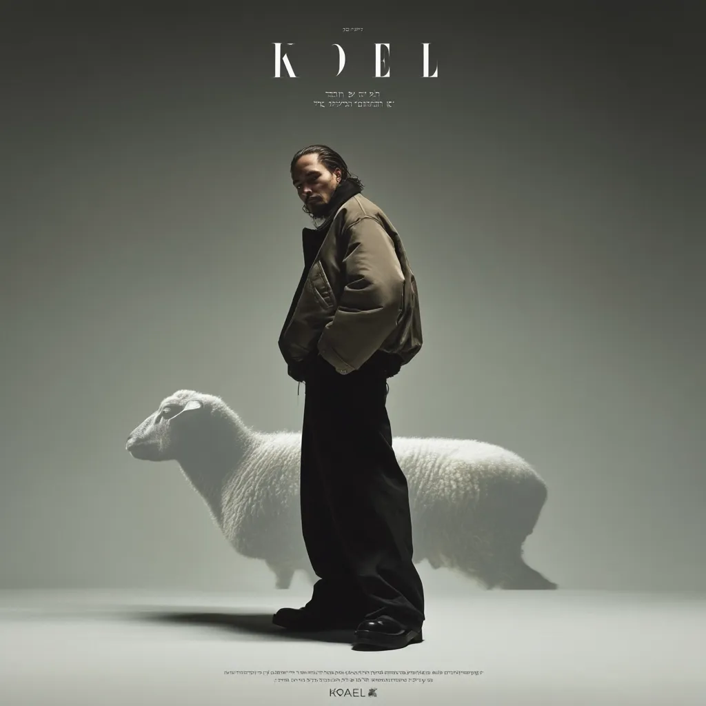 A fashion advertisement features a man in a muted olive bomber jacket and dark trousers standing beside a partially translucent sheep.  The background is a neutral grey.  The brand name "KOEL" is prominently displayed in a minimalist sans-serif font, along with Hebrew text at the top and bottom. The overall aesthetic is stylish and understated, suggesting a connection between fashion and nature.