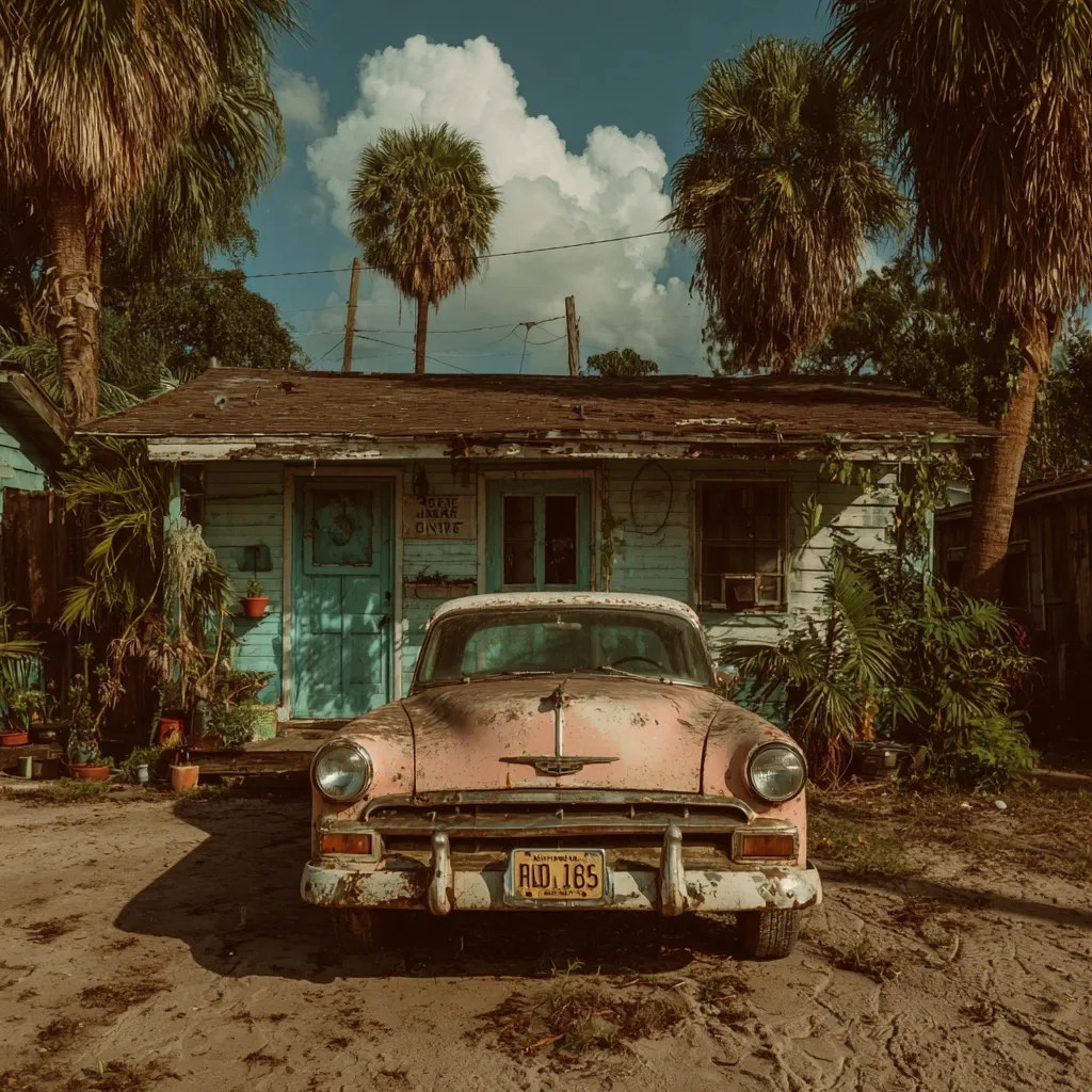 A weathered pastel pink vintage car sits parked before a dilapidated teal colored house.  Palm trees flank the scene under a partly cloudy sky. The house shows signs of age and disrepair, with peeling paint and a rusty roof.  A faded sign on the house reads "Guest House." The overall atmosphere evokes a sense of nostalgia and tropical decay.