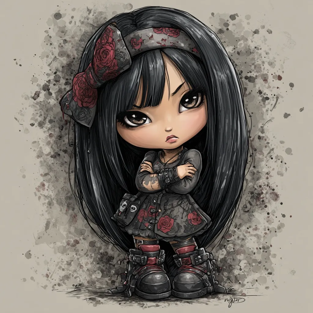 A digital illustration of a stylized girl with long black hair, a rose-adorned headband, and a dark gothic dress.  She stands with her arms crossed, displaying a sullen expression.  The art style is reminiscent of a doll, with large eyes and a petite frame.  The background features a muted grey wash with darker splatters, adding to the moody atmosphere.  Her boots are chunky and black with red accents.