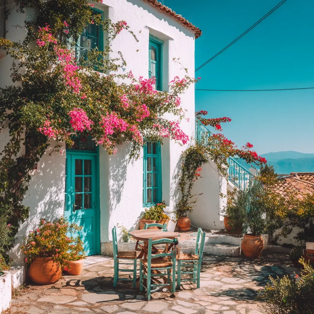 A charming whitewashed house, adorned with vibrant pink bougainvillea, sits under a brilliant blue sky.  Teal doors and windows contrast beautifully against the white walls.  A small patio furnished with a wooden table and turquoise chairs provides a tranquil setting, surrounded by potted plants and stone paving. The scene evokes a peaceful Mediterranean atmosphere.