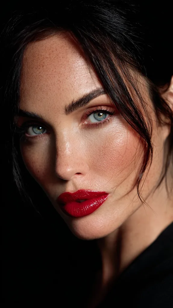Close-up portrait of a woman with dark hair and fair skin.  Her face is subtly lit, highlighting her freckles and striking blue eyes.  She wears bold red lipstick, enhancing her full lips.  The overall mood is dramatic and alluring, with a dark background emphasizing her features.  Her expression is intense and captivating.