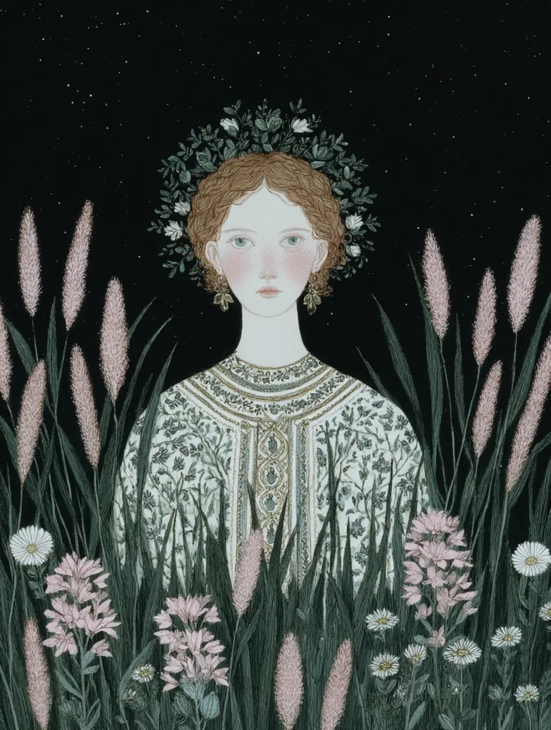A young woman with auburn hair adorned with a floral crown stands amidst tall grasses and wildflowers under a starlit night sky.  She wears a pale, patterned dress with intricate detailing. The artwork is rendered in a detailed, illustrative style, evoking a mystical and ethereal atmosphere. The overall palette is muted greens, pinks, and dark background.
