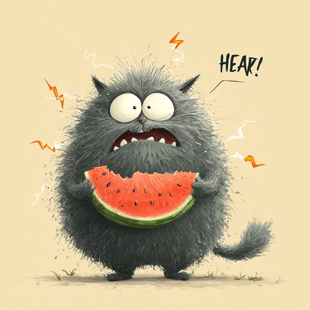 A fluffy gray cat with wide eyes and a surprised expression holds a large slice of watermelon.  Electricity-like sparks emanate from its fur, and the word "HEAR!" is written above. The cat appears to be reacting intensely to the taste or experience of eating the watermelon. The overall style is cartoonish and humorous.