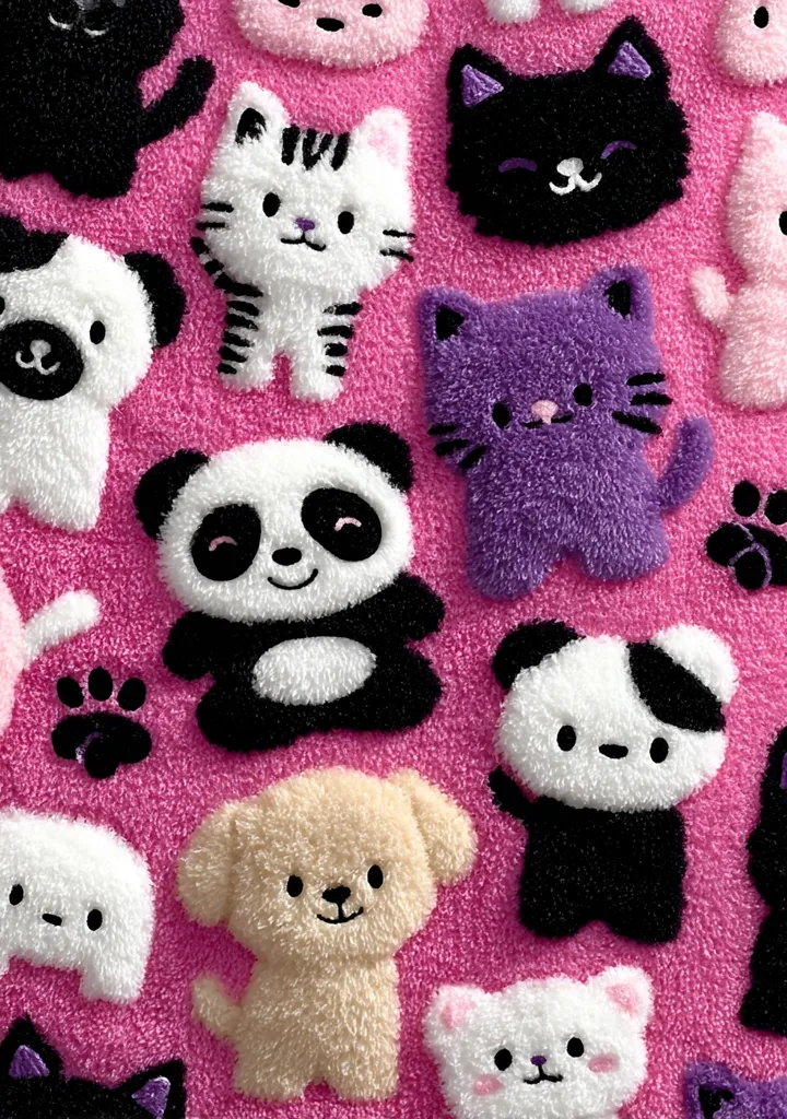 A pink fuzzy fabric features an adorable array of appliqued animals.  Black cats, striped cats, purple cats, pandas, dogs of various breeds, and even a fluffy panda are scattered across the background.  Each animal is depicted in a cute, cartoonish style with simple, friendly features. The overall design is playful and sweet, perfect for children's clothing or bedding.