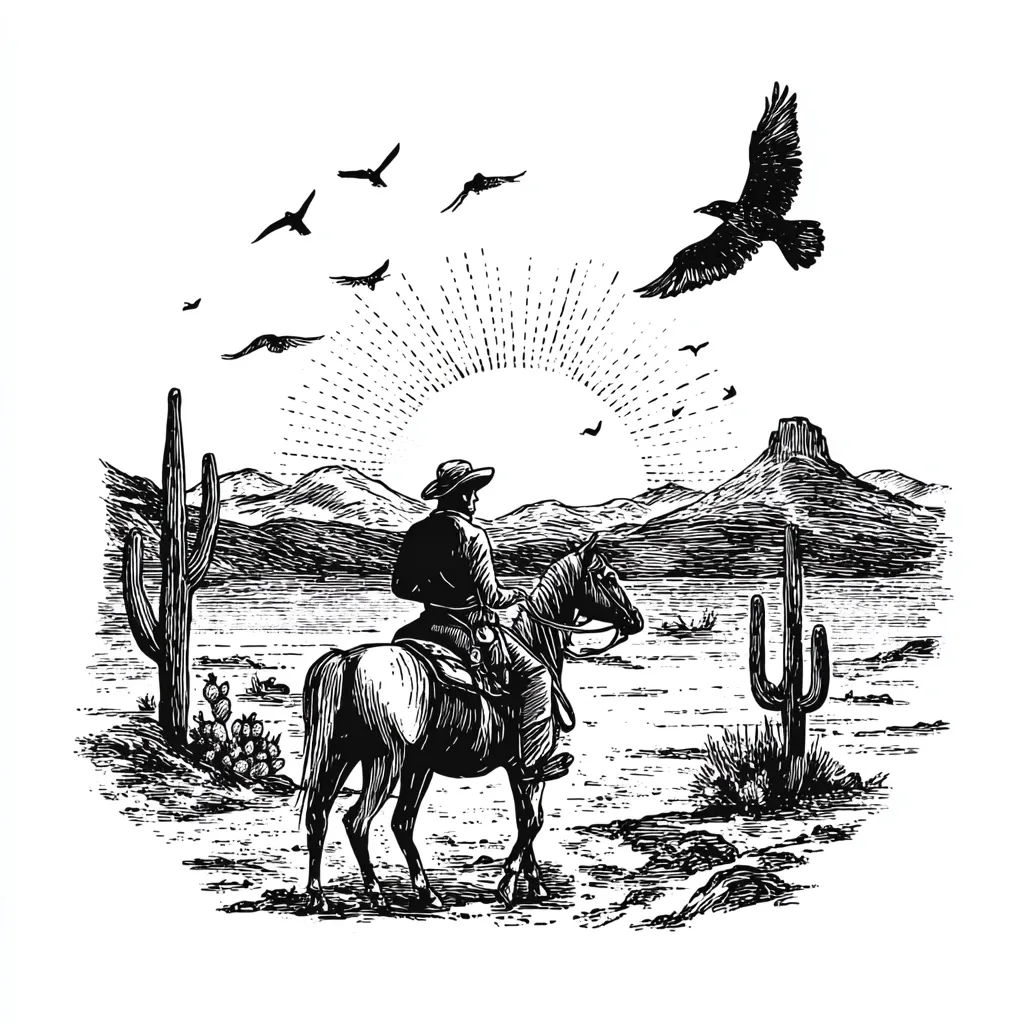 A black and white illustration depicts a cowboy on horseback silhouetted against a desert landscape.  The sun rises behind him, casting a radiant glow.  Cacti dot the arid scene, while birds fly overhead, including a large raven.  The cowboy faces away, his gaze directed towards a mountain range in the distance, conveying a sense of solitude and westward expansion.  The style is reminiscent of vintage western art.