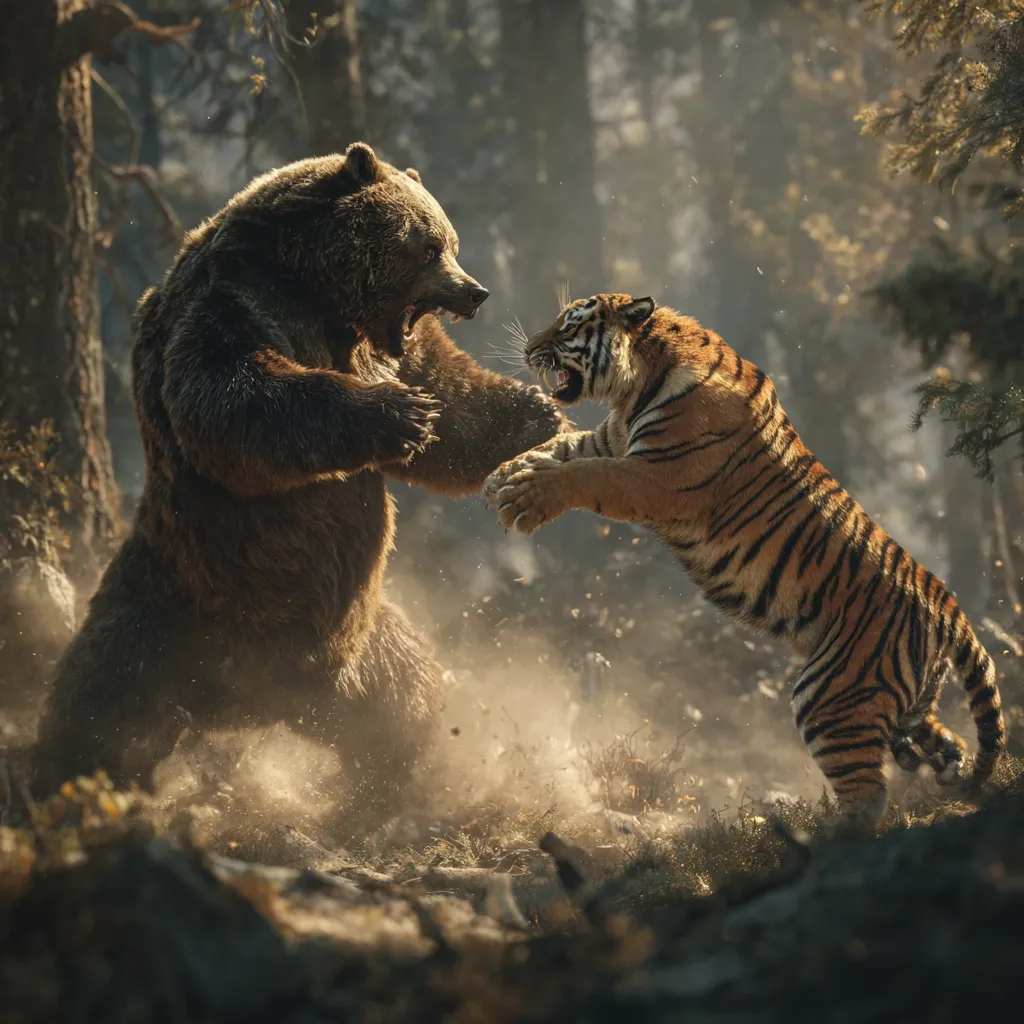A powerful brown bear and a fierce tiger engage in a dramatic confrontation in a sun-dappled forest.  Dust and debris fly as the two apex predators grapple, claws extended, in a tense standoff.  The scene is filled with raw power and the primal energy of a wildlife battle for dominance.  The background suggests a dense, wooded environment.