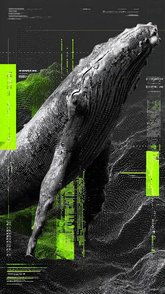 A digital rendering depicts a humpback whale, its form composed of a wireframe mesh. The whale is presented in a three-dimensional space, seemingly breaching or surfacing from a dark, textured background.  Bright lime green data streams and code fragments overlay the image, creating a futuristic, almost cybernetic aesthetic. The contrast between the organic form of the whale and the digital elements is striking, suggesting themes of technology, nature, or data visualization.