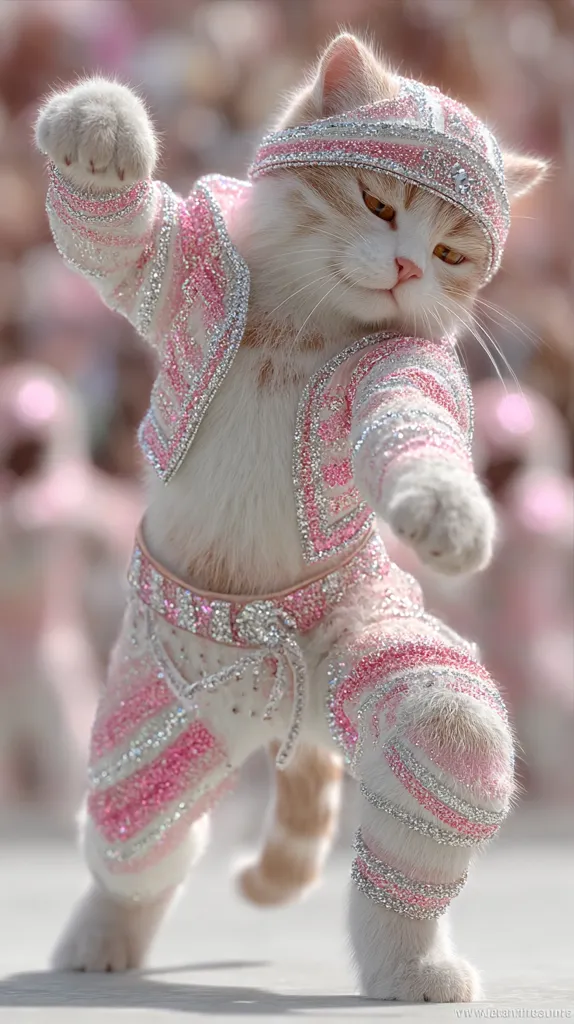 A fluffy cream-colored cat struts in a dazzling pink and silver outfit.  The elaborate costume features sparkling embellishments and a matching headpiece. The cat's pose suggests a confident and playful demeanor, as if it's performing on a stage. The blurred background hints at a lively outdoor setting.