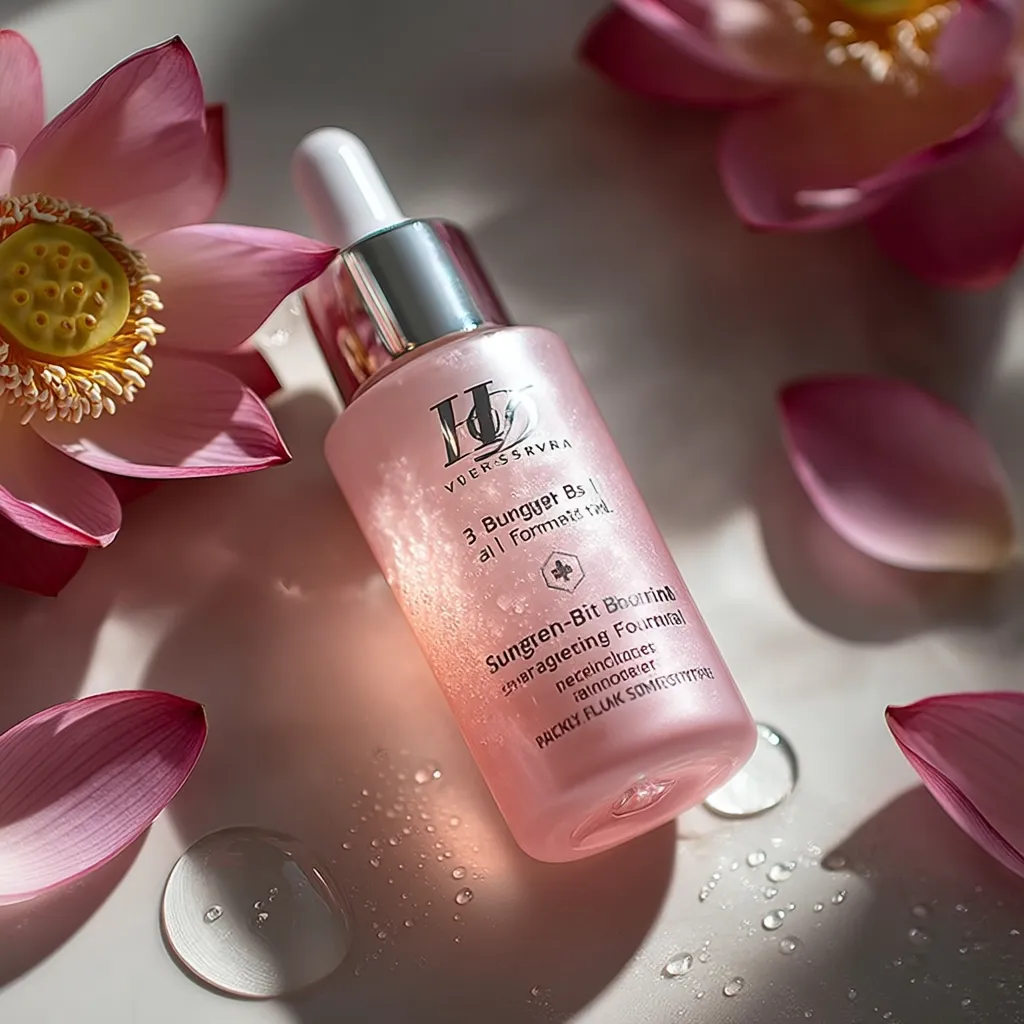 A bottle of VÕER SSRVRA Sungren-Bit Boosting Formula sits on a light background adorned with pink lotus flower petals and water droplets.  The bottle is pink and glass with a silver dropper top. The label features product information in a stylized font.  The overall aesthetic is clean, minimalist, and luxurious, suggesting a high-end skincare product.