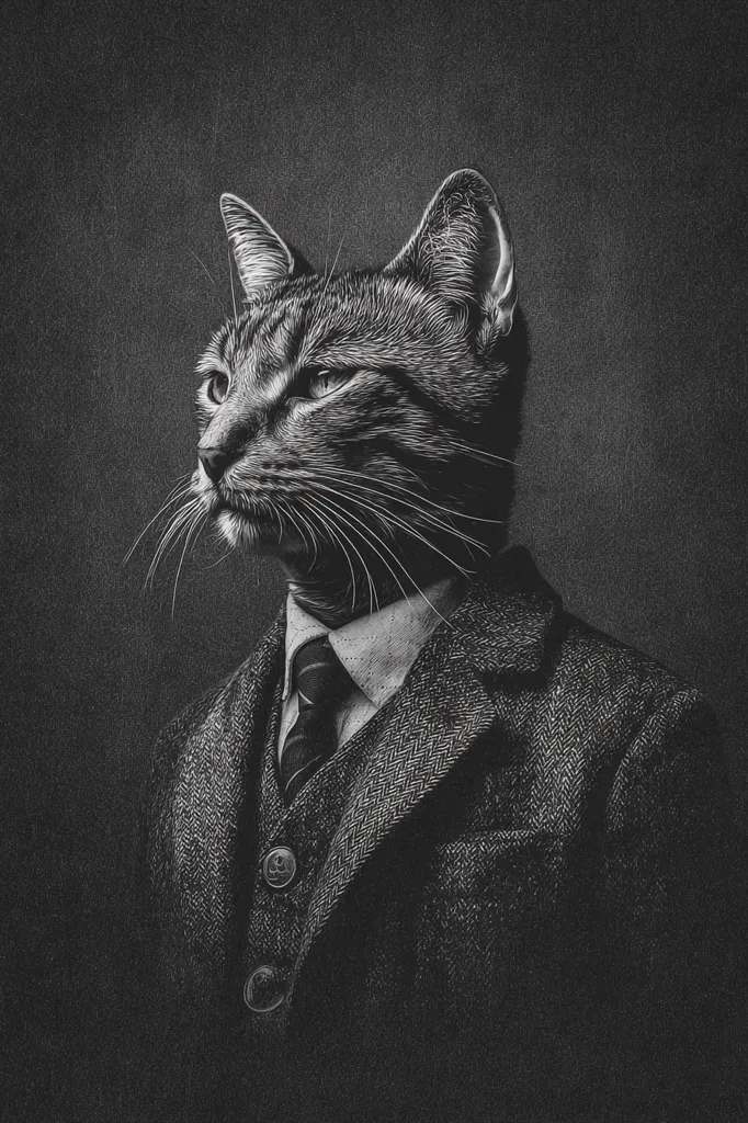 A black and white portrait of a cat meticulously dressed in a three-piece suit, complete with a tie. The cat's head is prominently featured, its gaze directed towards the viewer's left.  The image is styled like a classic, formal portrait, suggesting a sophisticated and perhaps slightly mischievous feline character. The textured background complements the monochrome palette.
