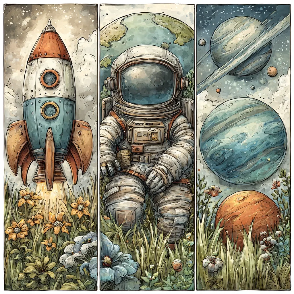 A triptych illustration depicts a whimsical space scene.  One panel shows a retro rocket launching amidst wildflowers. The central panel features an astronaut seated in a field of flowers, gazing contemplatively. The final panel showcases a vibrant cosmic landscape with planets and stars, creating a serene yet adventurous atmosphere. The artistic style is detailed and evocative, blending realism with fantasy.