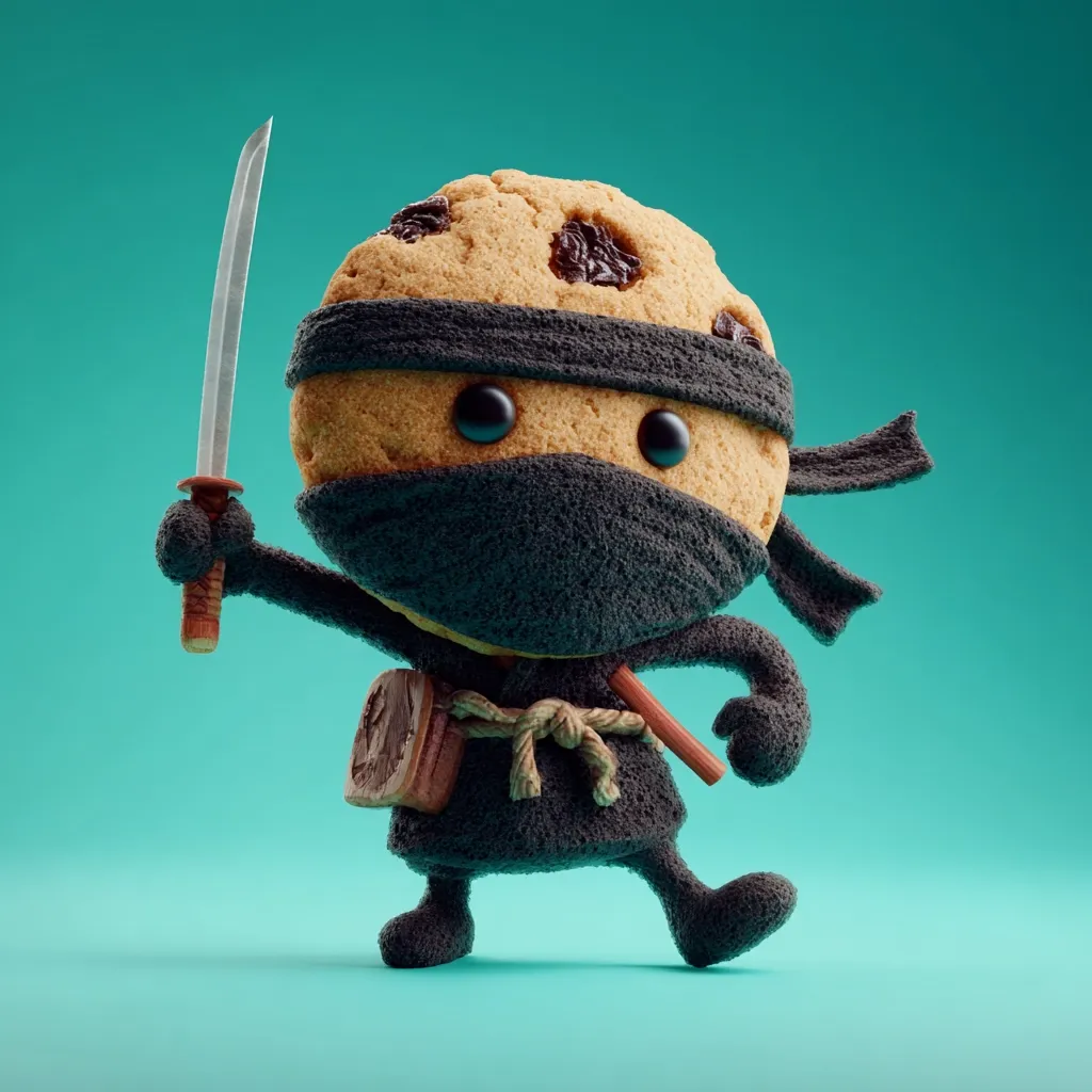 A 3D rendering of a cute oatmeal raisin cookie dressed as a ninja.  The cookie wears a black ninja outfit, complete with a mask and headband. It holds a small katana sword and has a small wooden box at its waist. The character is positioned against a teal backdrop, creating a playful and whimsical image.