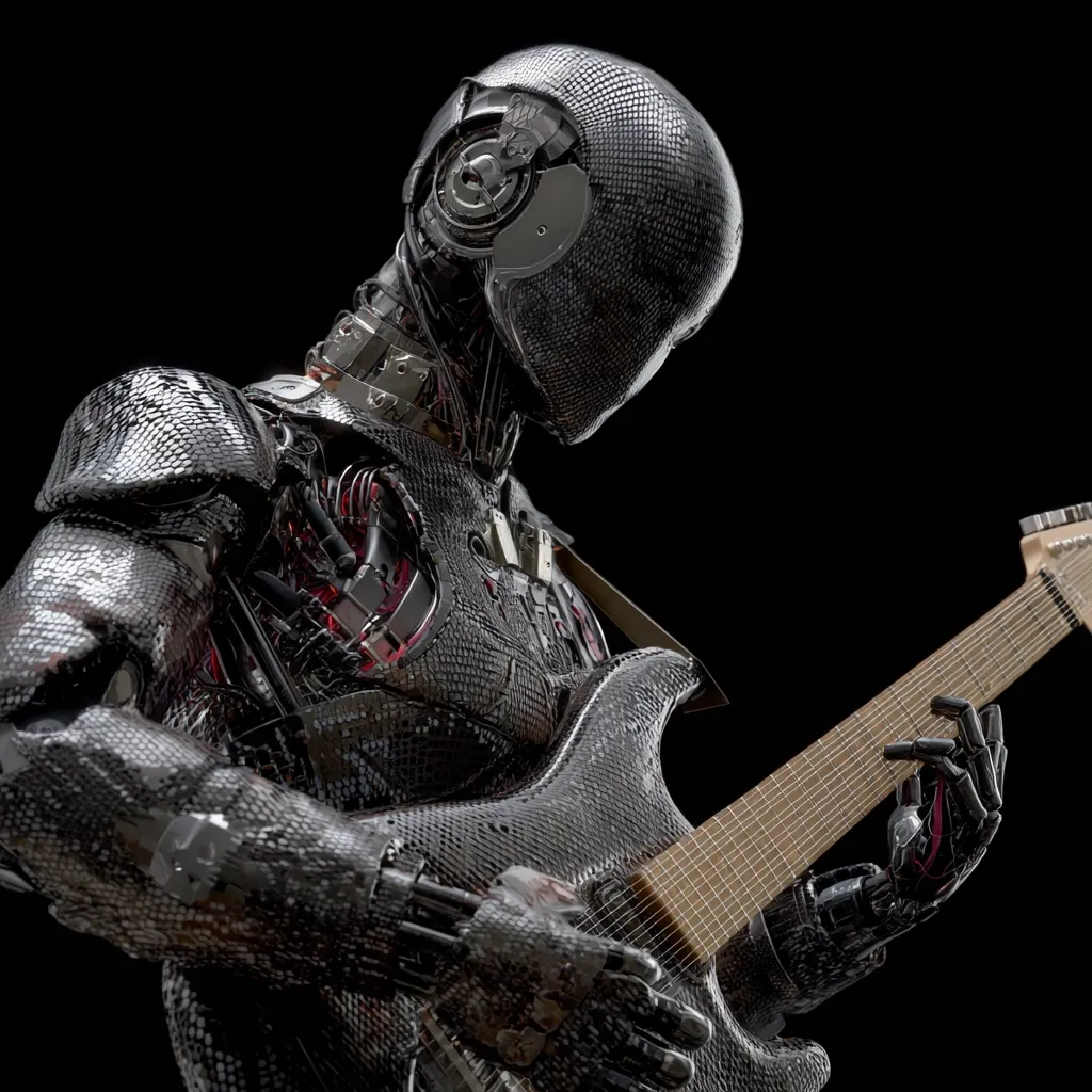 A sleek, black robotic figure, its body resembling scales, plays an electric guitar.  Internal red wiring is visible through gaps in its metallic shell. The robot's head is bowed, seemingly focused on the music. The dark background emphasizes the robot's polished, almost reptilian texture.  The scene is striking, showcasing a futuristic blend of technology and artistry.