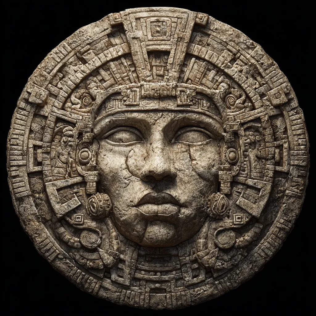 A circular stone carving depicts a serene Mayan face, adorned with intricate headdress and ear ornaments.  The detailed relief is surrounded by concentric rings of glyphs and symbolic designs, characteristic of ancient Mayan artistry. The weathered stone texture adds to the artifact's historical ambiance, suggesting age and cultural significance.  The black background accentuates the relief's details and creates a dramatic effect.