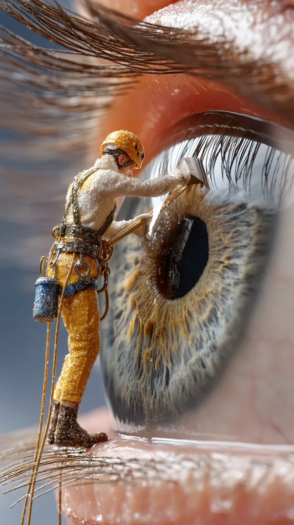 A miniature worker, clad in yellow climbing gear, meticulously cleans the eyelashes of a giant eye.  The image uses extreme close-up and forced perspective to create a surreal and slightly unsettling contrast between the tiny figure and the immense scale of the eye.  The detail is striking, highlighting both the texture of the skin and the intricate work of the miniature worker.