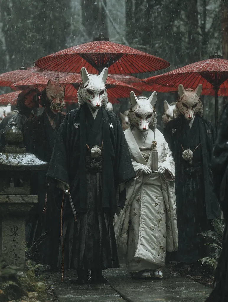 A procession of figures in traditional Japanese attire and fox masks walks under red umbrellas in the rain. The scene is dark and atmospheric, with a focus on the intricate details of the costumes and masks.  The central figures are a man and woman, the woman in a white kimono, holding a small object.  The overall mood is somber and mysterious.  The background suggests a forest setting.