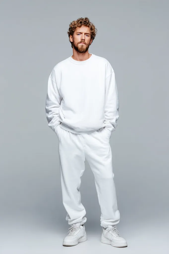 A man with curly light brown hair and a beard stands against a gray background. He's dressed in an all-white outfit: a crewneck sweatshirt and sweatpants, paired with white sneakers.  His hands are casually in his pockets, and he has a serious expression. The image is clean and minimalist.