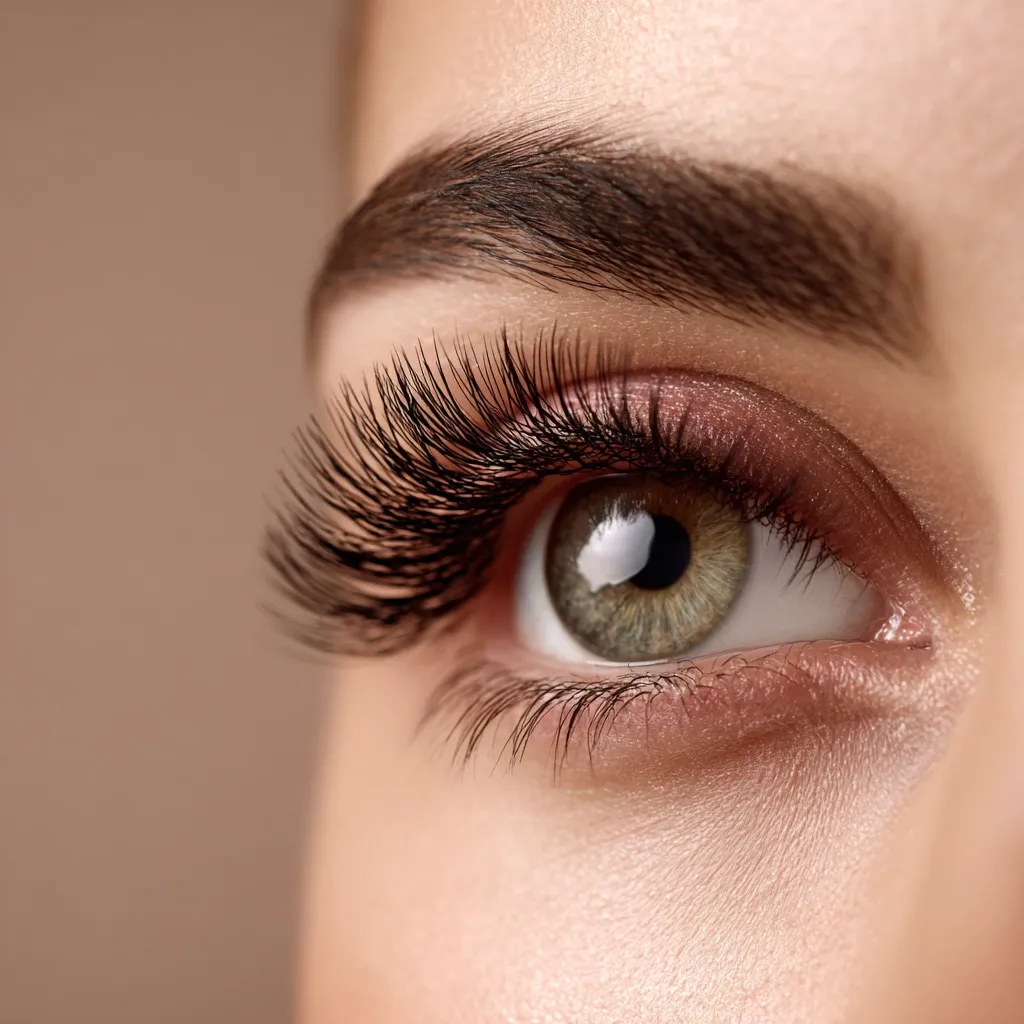 A close-up showcases a woman's eye, accentuated by expertly applied false eyelashes. The lashes are full and dark, creating a dramatic contrast against her light skin and subtly rosy eyeshadow. Her eyebrow is well-groomed and complements the overall look, enhancing her eye's natural beauty. The image highlights the precision and artistry of eyelash application.