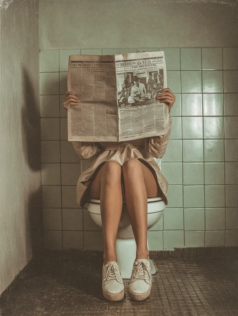 A person sits on a toilet in a vintage-style bathroom, concealing their face behind a newspaper.  The newspaper appears to be old, with a black and white photo and text in a foreign language.  The individual is wearing a light beige robe and off-white sneakers. The overall tone of the image is muted and nostalgic.